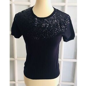 ZARA Woman Navy Blue SEQUIN SWEATER Knit Short Robbed Sleeve Size M O2886